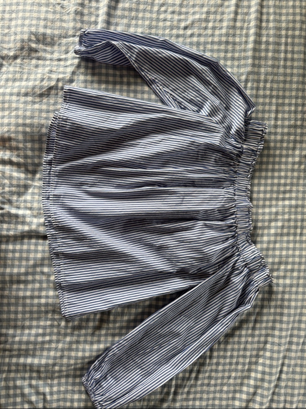 Blue and white stripped off the shoulder top